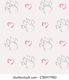 Seamless pattern with dogs footprints and cat pads and hearts. Love animals. Print for world animals day.