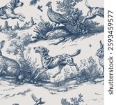 Seamless pattern with dogs, forest animals and birds. Traditional old European hunting motifs. Vintage engraving style illustration.