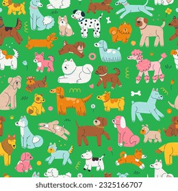 Seamless pattern with dogs in a funny cartoon style. Vector illustration background