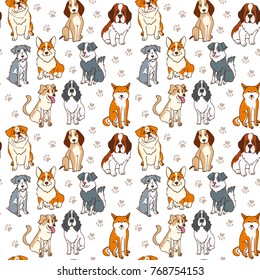 Seamless pattern. Dogs funny cartoon style. Vector line illustration background. Design for wrapping paper, textile, fabric.