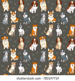 Seamless pattern. Dogs funny cartoon style. Vector line illustration background. Design for wrapping paper, textile, fabric.