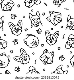 Seamless pattern with dogs. German shepherd, schnauzer, pomeranian, welsh corgi, husky thin line icons. Vector illustration.