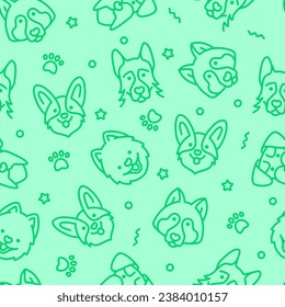 Seamless pattern with dogs. German shepherd, schnauzer, pomeranian, welsh corgi, husky thin line icons. Vector illustration.