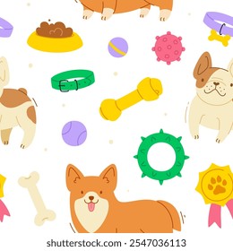 Patrón sin fisuras con perros y accesorios de aseo. Vector estampado con cachorros de dibujos animados.