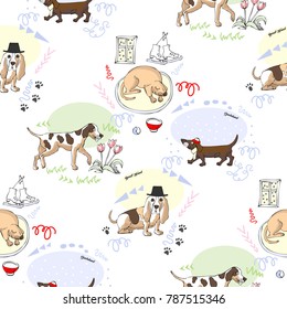 Seamless Pattern with Dogs. Hand drawn  animals sketches. Vector Illustration