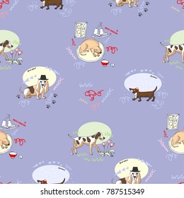 Seamless Pattern with Dogs. Hand drawn  animals sketches. Vector Illustration