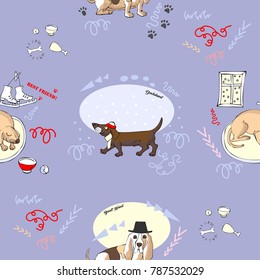 Seamless Pattern with Dogs. Hand drawn  animals sketches. Vector Illustration