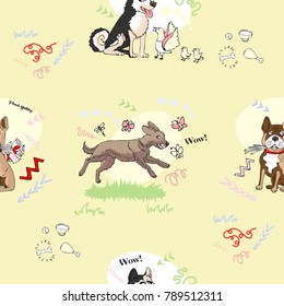 Seamless Pattern with Dogs. Hand drawn animals sketches. Vector Illustration