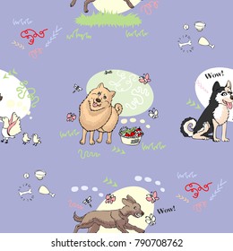 Seamless Pattern with Dogs. Hand drawn animals sketches. Vector Illustration