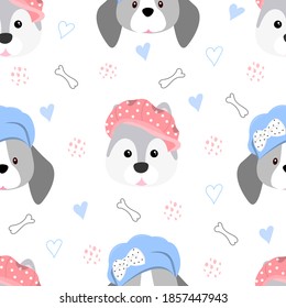 Seamless pattern with dogs in hats.