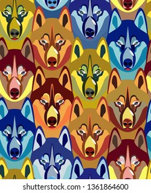 Seamless pattern with dogs heads. 
Bright youth design. Ideal for teenage fashion, stationery, upholstered furniture, textiles, nursery decoration, wrapping paper. Colorful dogs. Vector.