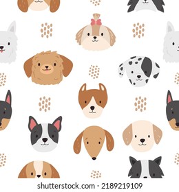 Seamless pattern with dogs heads and hand drawn dots on white background. Cartoon puppy faces. Different breeds of dogs. Vector illustration.