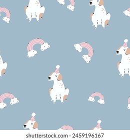 Seamless pattern with dogs in holiday hats and rainbows on blue background. Illustration for textile, print, wrapping paper, gift boxes