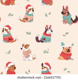 Seamless Сhristmas pattern with dogs. Husky, pug, sheepdog, jack russell terrier, beagle, labrador in cartoon style. Fun puppies in Christmas  clothes. Vector flat wallpaper