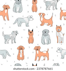 Seamless pattern with dogs like chihuahua, corgi, pug, spaniel, husky and dachshund. Dogs in doodle style on white background. Doodle dog print. Fabric design with cartoon pets