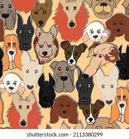 Seamless pattern with dogs. Muzzles of different dog breeds