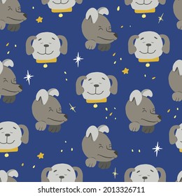 Seamless pattern with dogs, dogs in the night sky with stars, yellow stars, wrapping paper, scrapbooking, decoration cards, notebooks, diaries, for textiles, handmade vector stars, printing