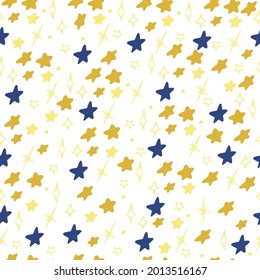 Seamless pattern with dogs, dogs in the night sky with stars, yellow stars, wrapping paper, scrapbooking, decoration cards, notebooks, diaries, for textiles, handmade vector stars, printing