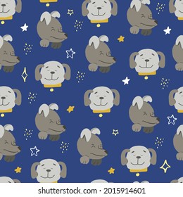 Seamless pattern with dogs, dogs in the night sky with stars, yellow stars, wrapping paper, scrapbooking, decoration cards, notebooks, diaries, for textiles, handmade vector stars, printing