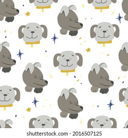 Seamless pattern with dogs, dogs in the night sky with stars, yellow stars, wrapping paper, scrapbooking, decoration cards, notebooks, diaries, for textiles, handmade vector stars, printing