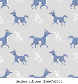 Seamless pattern with dogs on a gray background