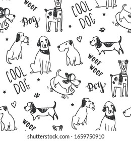 Seamless pattern with dogs on white background. Print with cute pets. Vector illustration.