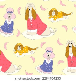 Patrón sin foco con perros en pijamas. Metas ricas al estilo de las caricaturas. Para impresiones, tejidos, textiles, papel de envoltura