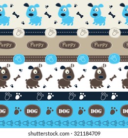 Seamless pattern with dogs, paws, bones and lettering