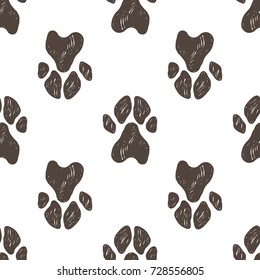 Seamless pattern with dog`s paws on white background. Vector illustration