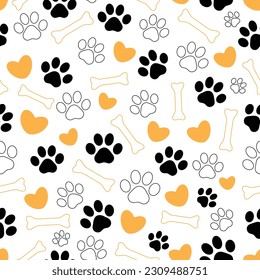 Seamless pattern with dogs paws, pet steps, bone and heart, footprint