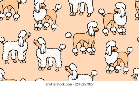 Seamless pattern with dogs of the Poodle breed. Animal characters with different haircuts.Childish background and texture for printing on fabric and paper.Hand drawn vector cartoon illustration.