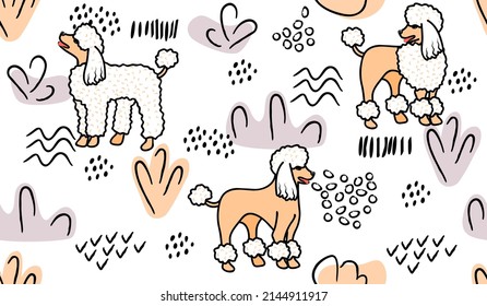 Seamless pattern with dogs of the Poodle breed and abstract doodle objects.Modern trendy background and texture for printing on fabrics and paper.Hand drawn vector cartoon isolated illustration.