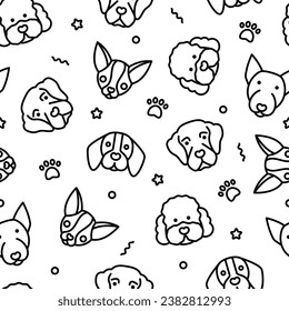 Seamless pattern with dogs. Poodle, golden retriever, bull terrier, chihuahua, beagle thin line icon. Vector illustration.