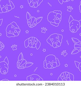 Seamless pattern with dogs. Poodle; golden retriever, bull terrier; chihuahua, beagle thin line icon. Vector illustration.