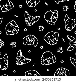 Seamless pattern with dogs. Poodle; golden retriever, bull terrier; chihuahua, beagle thin line icon. Vector illustration.