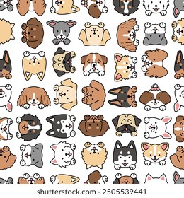 Nahtlose Muster Hunde Welpen Haustier niedlich Kawaii Stil Illustration Zeichnung Kopf Aufnahme Gesicht Sammlung Hund Rasse - Terrier, Miniatur Schnauzer, Pudel, Husky, Pug, Spaniel, Golden Retriever, doberman