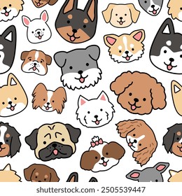 Nahtlose Muster Hunde Welpen Haustier niedlich Kawaii Stil Illustration Zeichnung Kopf Aufnahme Gesicht Sammlung Hund Rasse - Terrier, Miniatur Schnauzer, Pudel, Husky, Pug, Spaniel, Golden Retriever, doberman