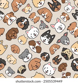 Seamless pattern dogs puppies pet cute kawaii style illustration drawing head shot face collection dog breed - terrier, miniature schnauzer, poodle, husky, pug, spaniel, golden retriever, doberman