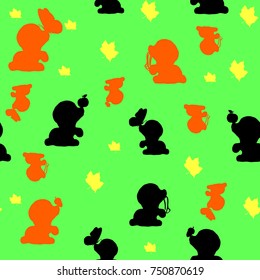 Seamless pattern, dogs silhouettes on the nose (apple, acorn, butterfly), on a green background, vector