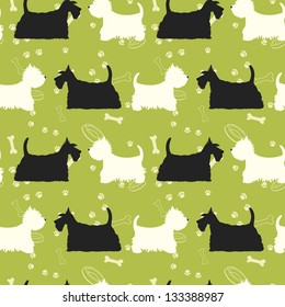 Seamless pattern with dogs silhouettes. Scottie and westie. Vector background.