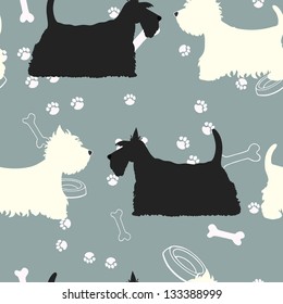 Seamless pattern with dogs silhouettes. Scottie and westie. Vector background.