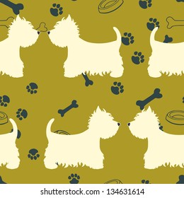 Seamless pattern with dogs silhouettes. West highland terrier. Vector background.