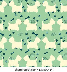 Seamless pattern with dogs silhouettes. West highland terrier. Vector background.