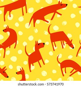 Seamless pattern with dogs. Simple vector style animals. Background with cute pets characters. Vector illustration. Yellow and orange colors