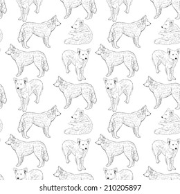 seamless pattern with dogs Sketch drawing Black contour on a white background. vector