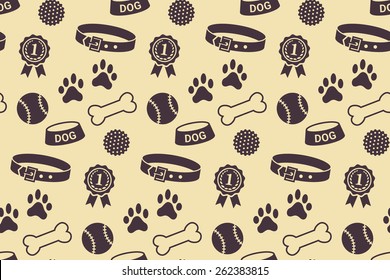 Seamless pattern with dog's stuff. Collar, bowl, balls, bones, paw prints and the reward