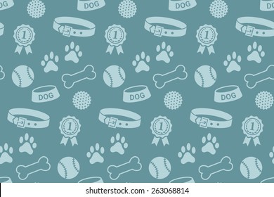 Seamless pattern with dog's stuff. Collar, bowl, balls, bones, paw prints and the reward