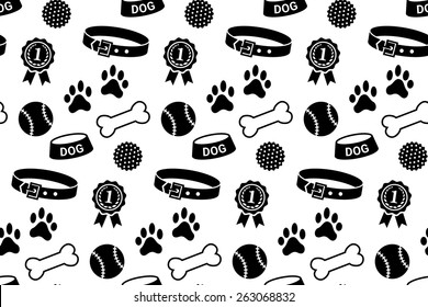 Seamless pattern with dog's stuff. Collar, bowl, balls, bones, paw prints and the reward