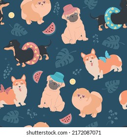 Seamless pattern with dogs. Summer funny illustration for kids. Dachshund, pomeranian, pug and corgi on summer vacation. For fabric, wallpaper, wrapping paper.