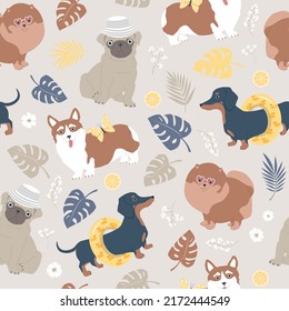 Seamless pattern with dogs. Summer funny illustration for kids. Dachshund, pomeranian, pug and corgi on summer vacation. For fabric, wallpaper, wrapping paper.